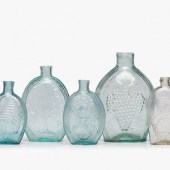 Seven Molded Glass Aqua and Clear Flasks
American,
