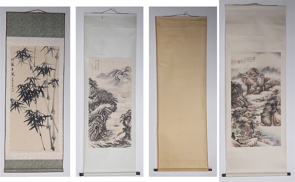 Group of four Chinese wall scrolls,