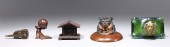 Five antique wood and glass inkwells
