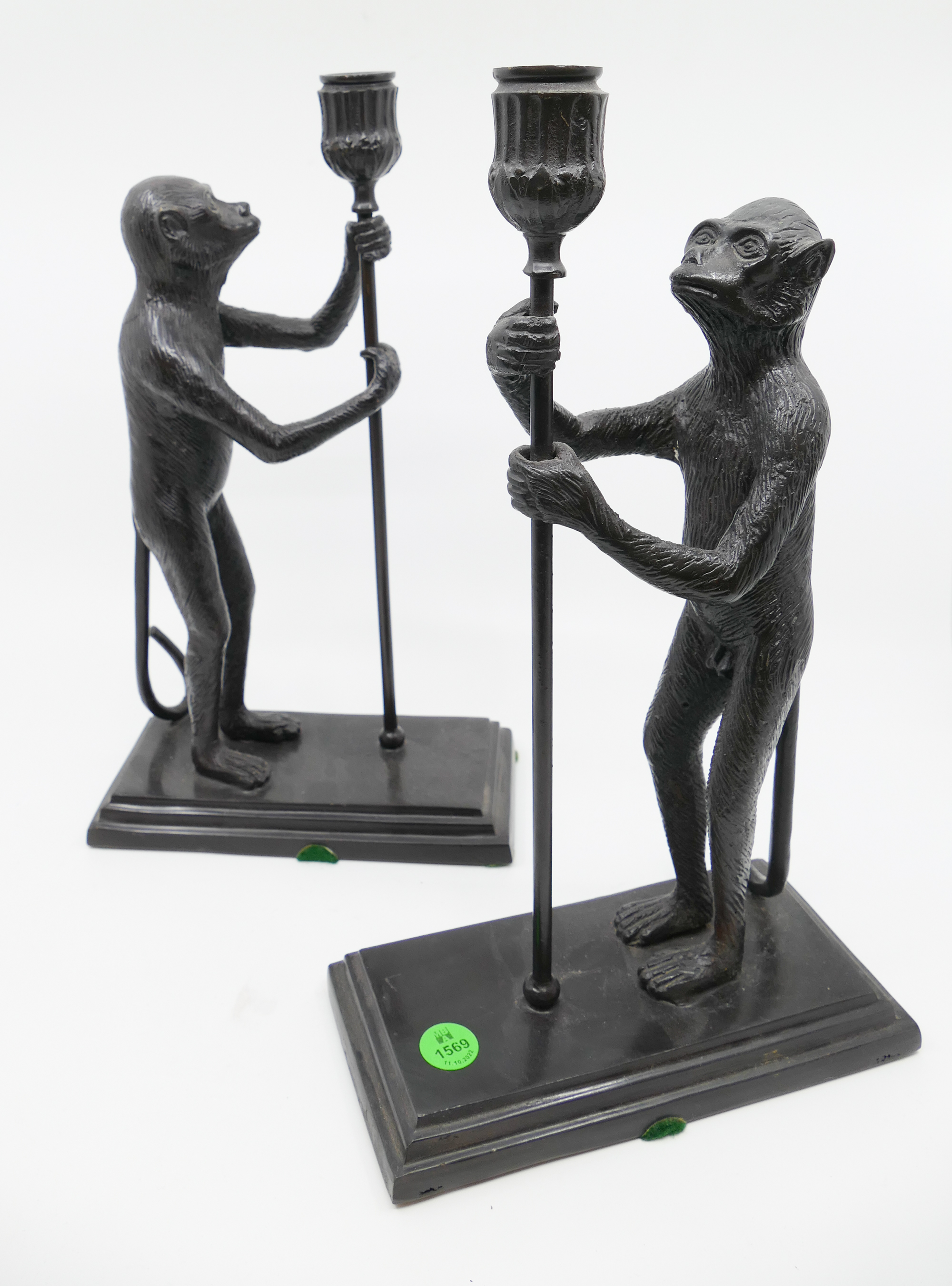 Pair Bronze Figural Monkey Candlesticks-