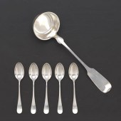 COIN SILVER LADLE AND FIVE STERLING