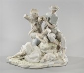 Porcelain couple with dog, by a tree