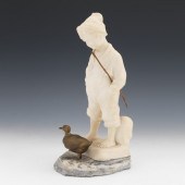 BOY WITH DUCK CARVED ALABASTER AND BRONZE