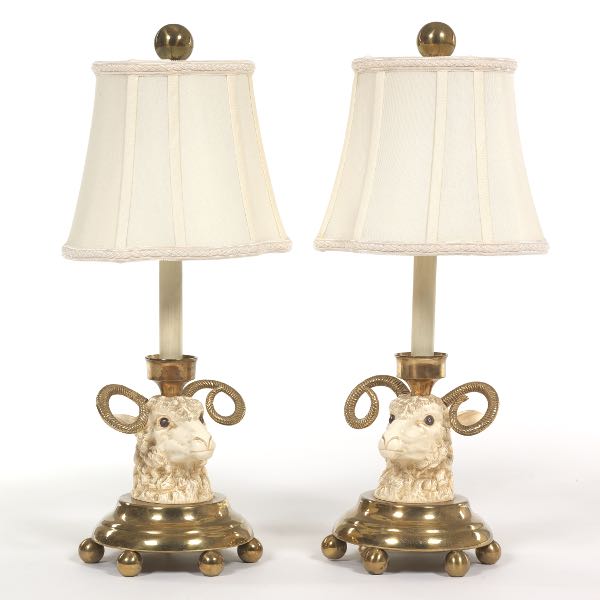 PAIR OF PORCELAIN AND BRASS RAM S 2b18bb