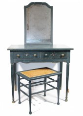 PAINTED DRESSING TABLE, BENCH & MIRROR