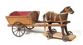 HORSE PULL TOY WITH WOODEN CART Early