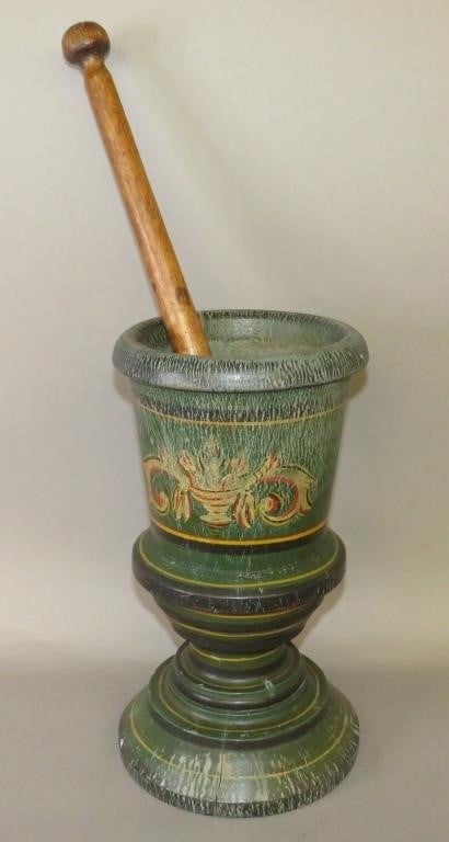 LARGE PAINT DECORATED WOODEN MORTAR 2b7481