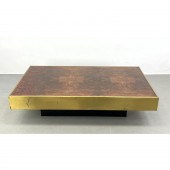 Brass and Burl Coffee Table. In the