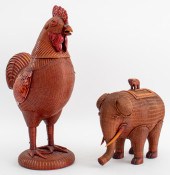 VINTAGE CHINESE WICKER ROOSTER & ELEPHANT