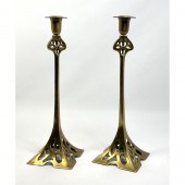 Pr Tall Brass Art Nouveau Candlesticks.