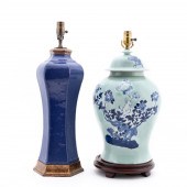 TWO CHINESE PORCELAIN TABLE LAMPS, BLUE