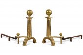 PAIR E/ 20TH C. BRASS CANNON BALL ANDIRONS