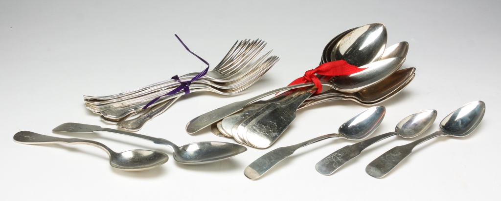 GROUP OF STERLING AND COIN SILVER FLATWARE.
