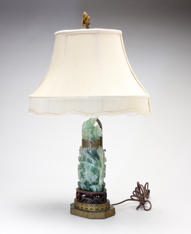 ASIAN CARVED GREEN STONE LAMP  2c3004