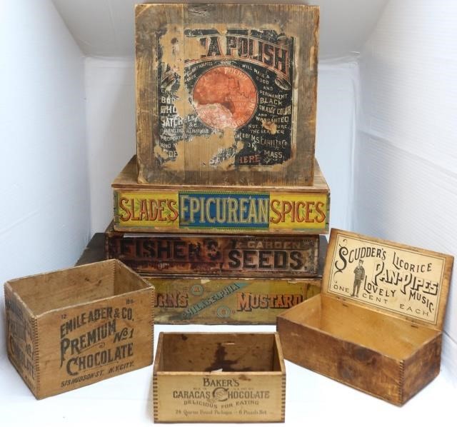 LOT OF 7 WOODEN ADVERTISING BOXES  2c1ece