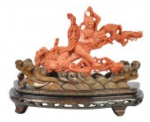 CHINESE CARVED RED CORAL SCULPTURE ON