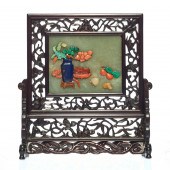 CHINESE TABLE SCREEN WITH JADE AND HARDSTONE