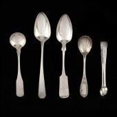 FOUR AMERICAN COIN SILVER SPOONS & A
