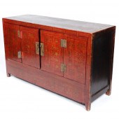CHINESE GILT DECORATED 4 DOOR RED LACQUER