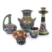 FIVE GOUDA POTTERY VESSELS: CANDLESTICK,