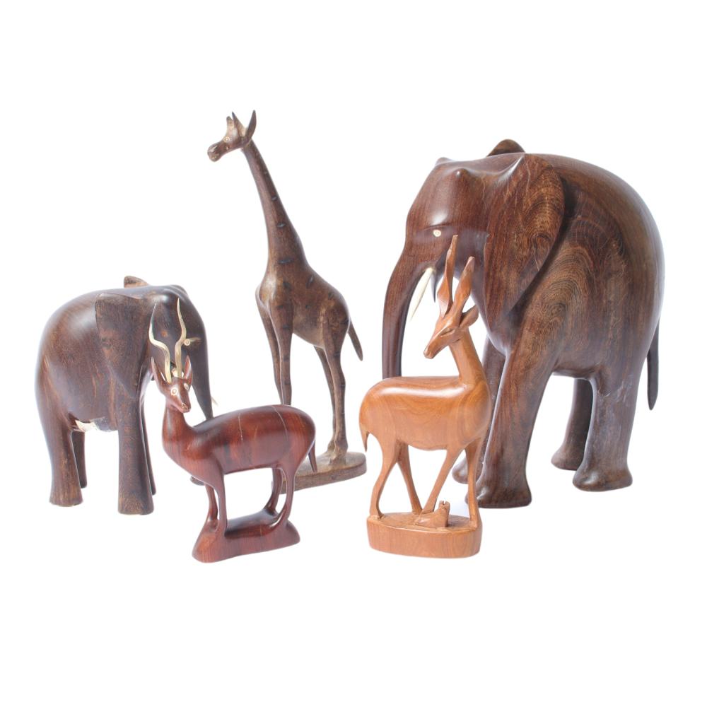 FIVE AFRICAN LARGE CARVED ANIMALS,