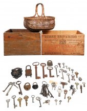 Keys, locks, wood crates and basket