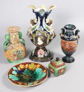 (5) Majolica vases, plate, covered box