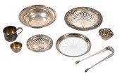 Sterling saucers, tea items, tongs to