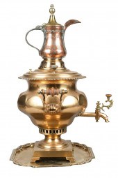 Brass samovar and tray, footed and pierced