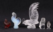 (5) Lalique crystal roosters and owls