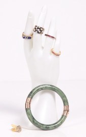 Gold rings, hardstone bangle and gold