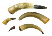 FIVE 19TH C. POWDER HORNS; TWO PRIMING;