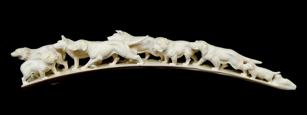 ASIAN CARVED IVORY TUSK WITH DOG 2e273d