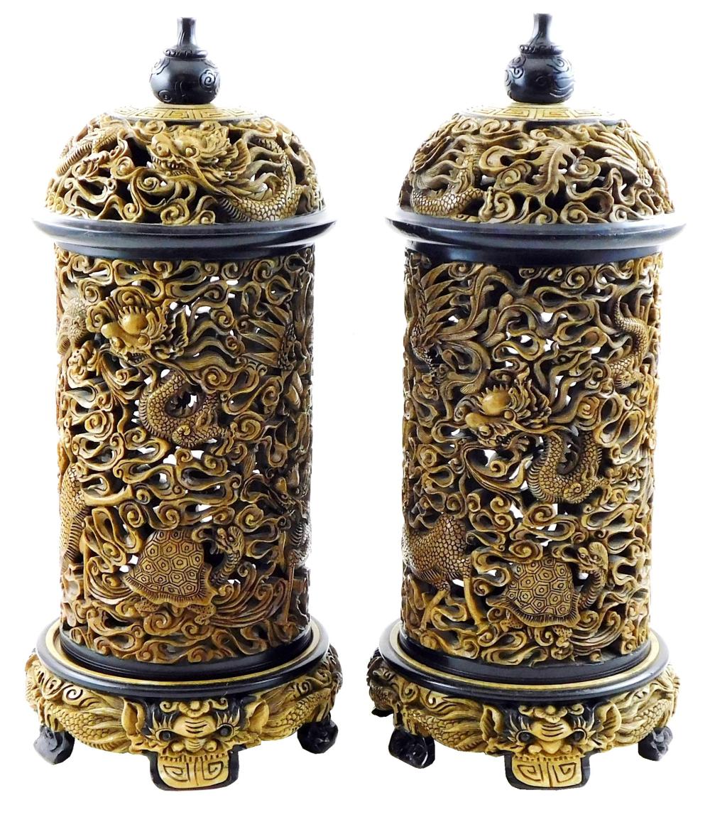 ASIAN PAIR OF CARVED STONE LAMPS  2e28a7