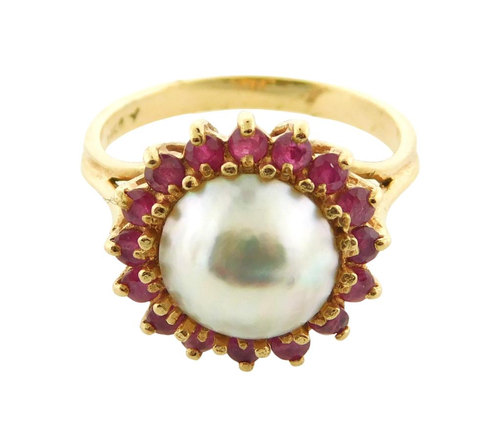 JEWELRY 14K PEARL AND RUBY RING  2e2b18