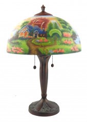 LAMP: TABLE LAMP, REVERSE PAINTED GLASS