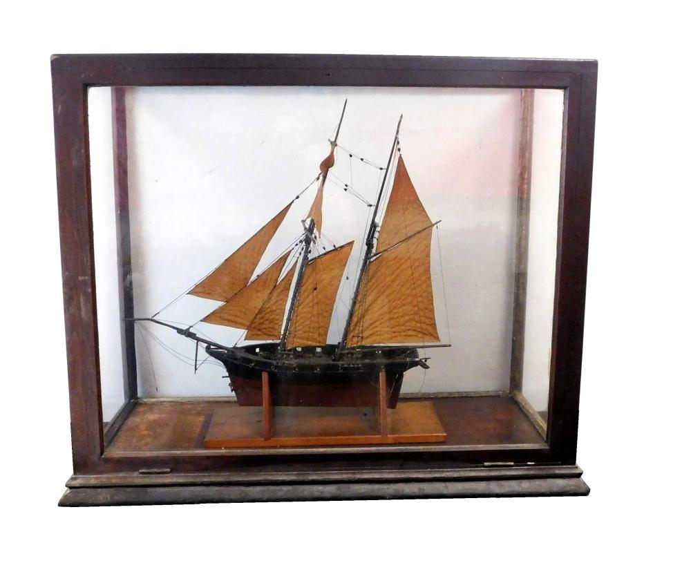 +TWO MAST SHIP MODEL IN GLASS CASE,