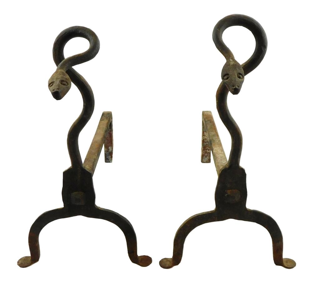 PAIR OF COILED SNAKE ANDIRONS,