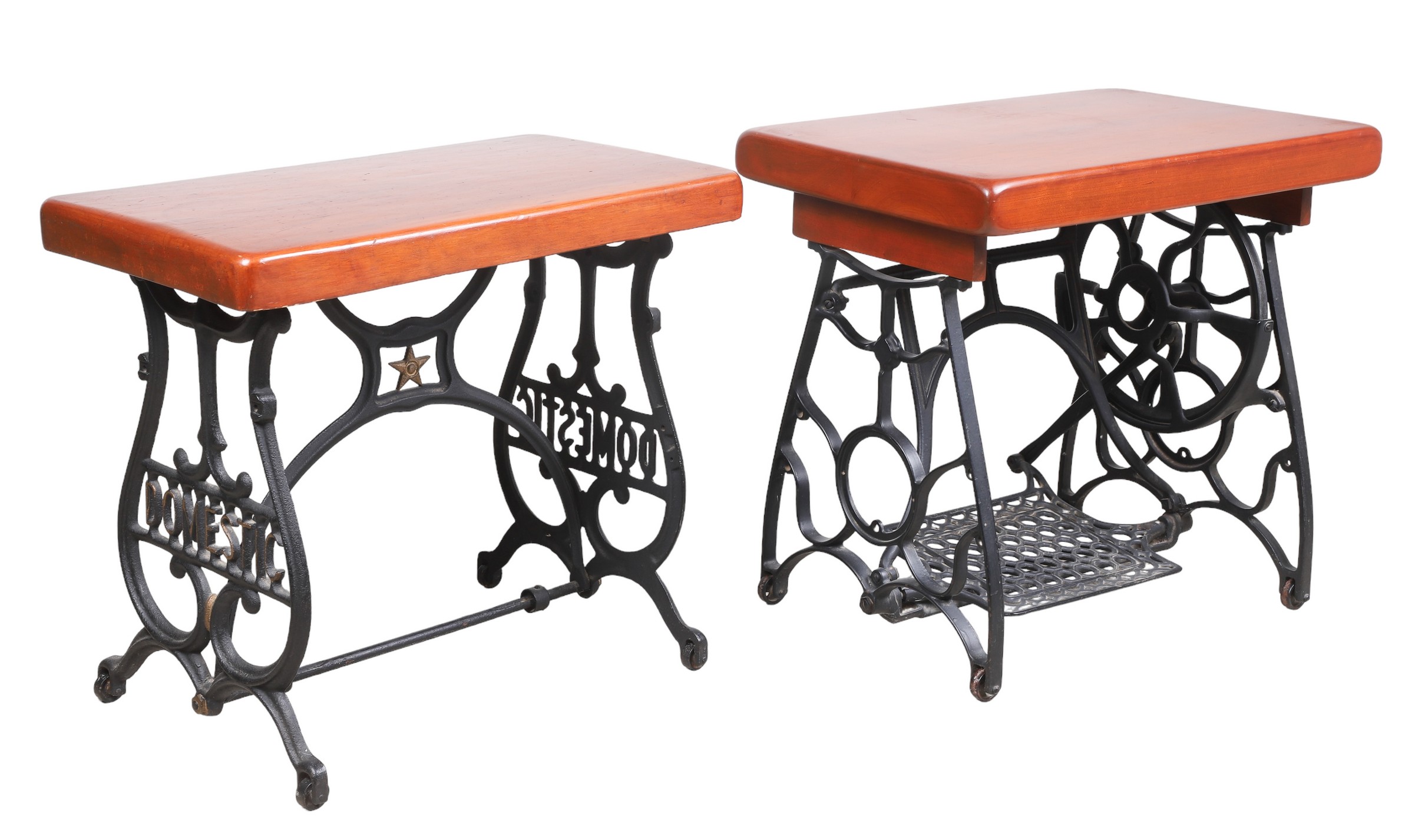 (2) cherry and iron side tables,