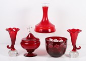 (5) Pcs ruby red glass, c/o decanter