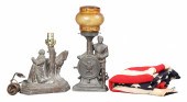 A Spelter lamp pair and flag, including