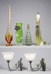 Art glass sconces, vases and pottery