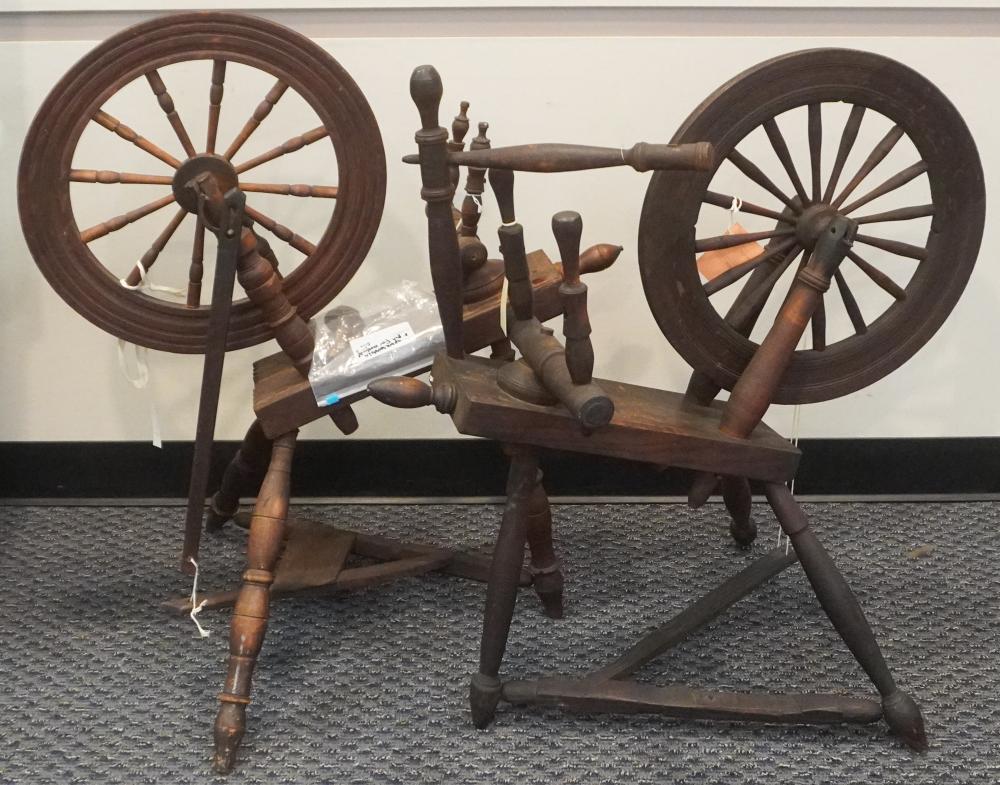 TWO AMERICAN PINE SPINNING WHEELS  2e5fca