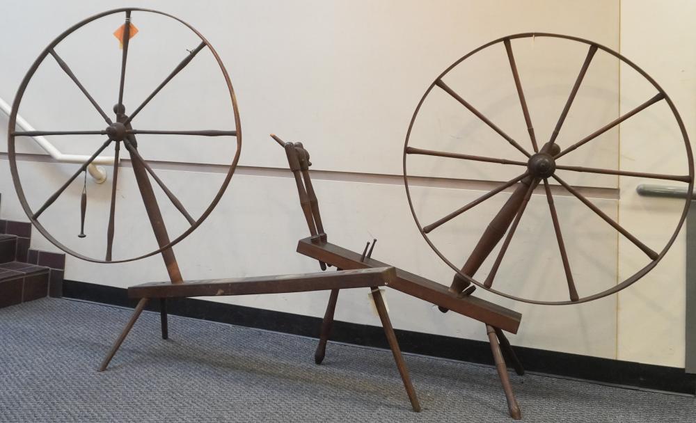 TWO AMERICAN PINE SPINNING WHEELS  2e5fee