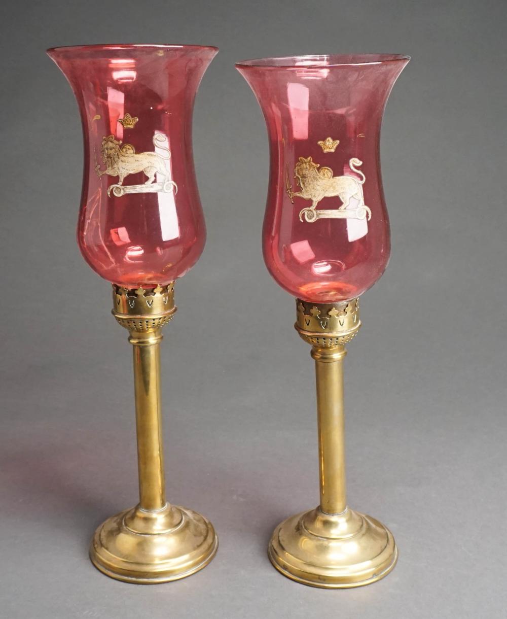 PAIR BRASS CANDLESTICKS WITH DECORATED 2e4659