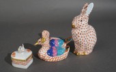 HEREND PORCELAIN GEESE AND RABBIT FIGURINES