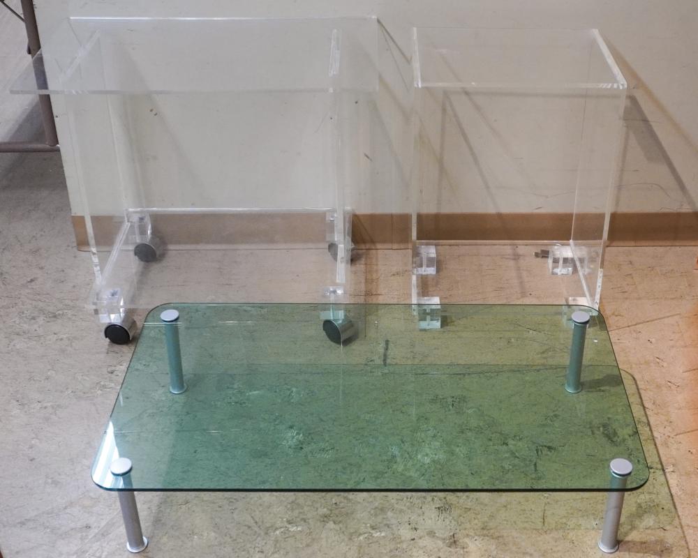 TWO ACRYLIC SIDE TABLES AND A GLASS 2e7c12