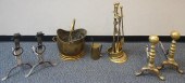 BRASS HEARTH SET, AND PAIR OF WROUGHT