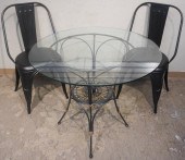 PATINATED METAL AND GLASS TOP TABLE