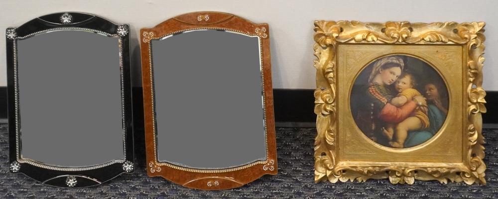 TWO MIRRORS AND A FRAMED PRINT,